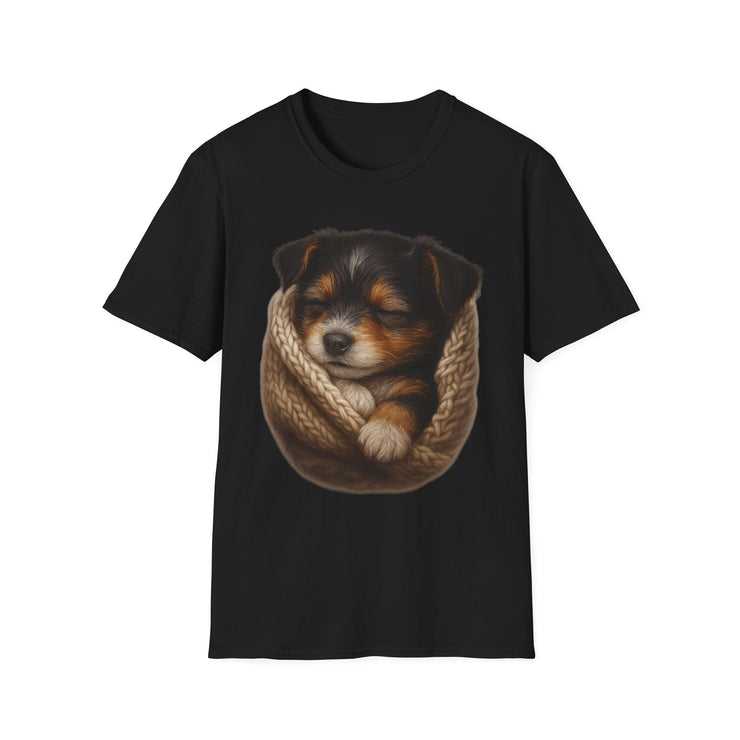 Black t-shirt with a puppy design on a white background