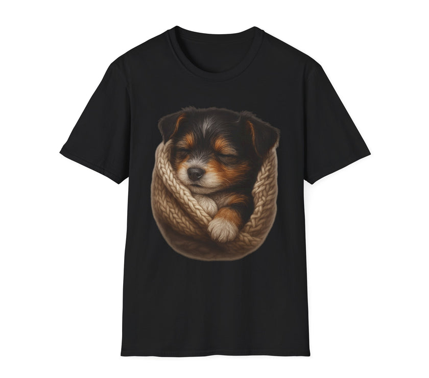 Black t-shirt with a puppy design on a white background