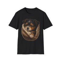 Black t-shirt with a puppy design on a white background