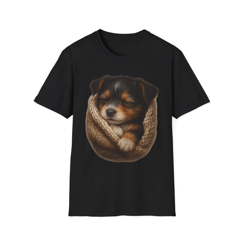 Black t-shirt with a puppy design on a white background