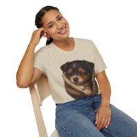 Woman wearing a t-shirt with a dog graphic on a white background
