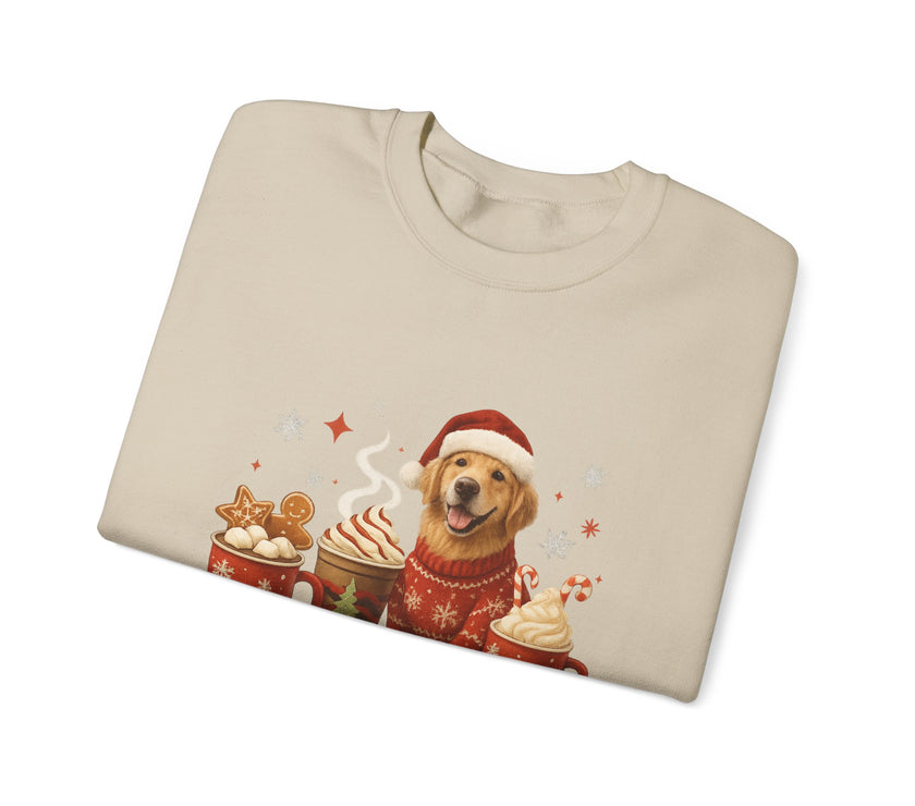 Folded beige sweatshirt with a Christmas-themed design featuring a dog in a sweater and Santa hat.