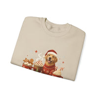 Folded beige sweatshirt with a Christmas-themed design featuring a dog in a sweater and Santa hat.