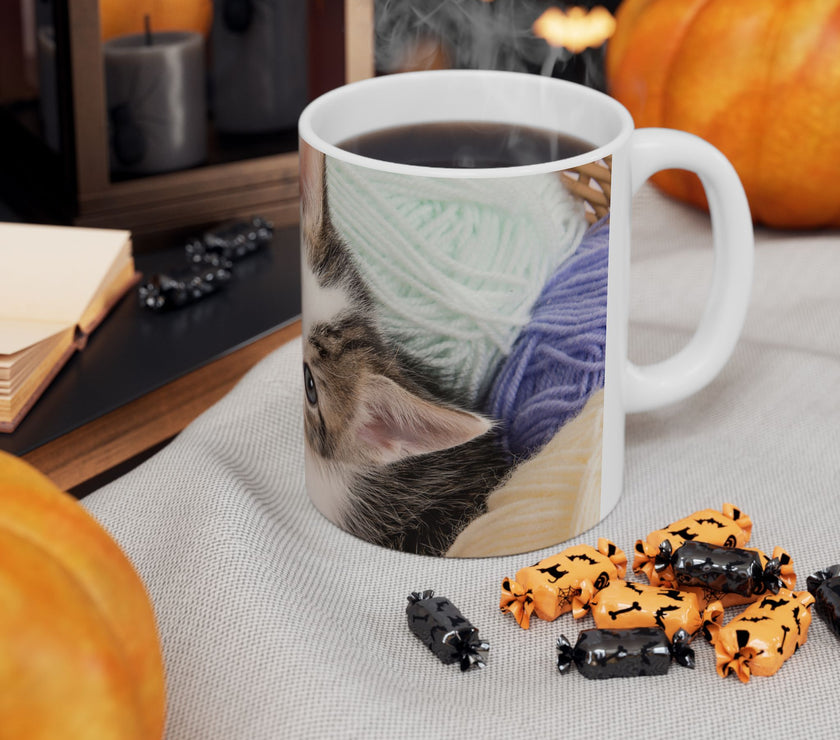 Whiskers & Work Mug –Kitten with Yarn Coffee Cup with message “I work hard so my cat can have a better life.”