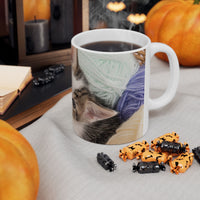 Whiskers & Work Mug –Kitten with Yarn Coffee Cup with message “I work hard so my cat can have a better life.”