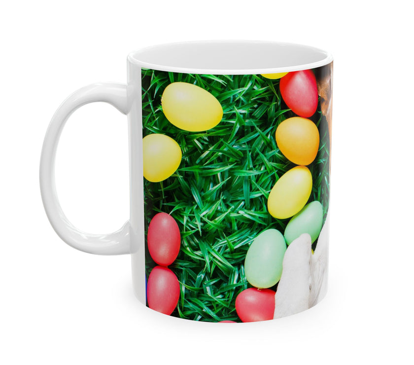 Easter Delight Ceramic Mug- Playful pup with colorful Easter eggs