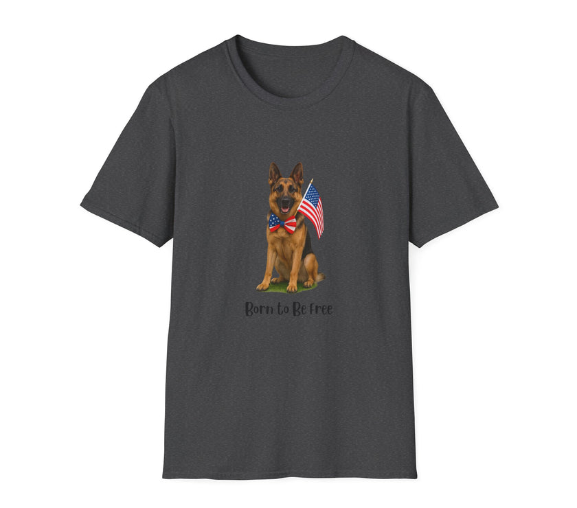 Dark Heather t-shirt featuring a patriotic German Shepherd wearing an American flag bowtie and holding U.S. flags, with the phrase "Born to Be Free" printed below — perfect for dog lovers and patriotic Americans.