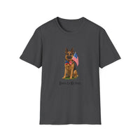 Dark Heather t-shirt featuring a patriotic German Shepherd wearing an American flag bowtie and holding U.S. flags, with the phrase "Born to Be Free" printed below — perfect for dog lovers and patriotic Americans.