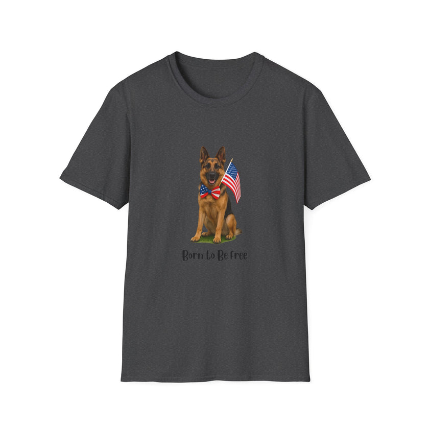Dark Heather t-shirt featuring a patriotic German Shepherd wearing an American flag bowtie and holding U.S. flags, with the phrase "Born to Be Free" printed below — perfect for dog lovers and patriotic Americans.