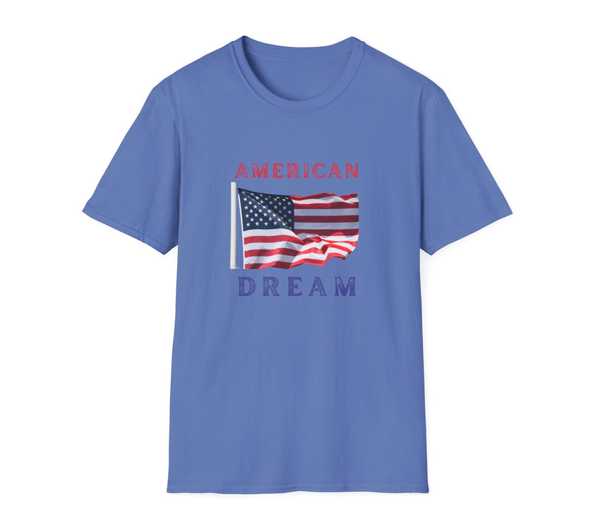 T-shirt featuring an American flag graphic with the words 'AMERICAN DREAM' in red and blue text above and below the flag