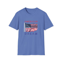 T-shirt featuring an American flag graphic with the words 'AMERICAN DREAM' in red and blue text above and below the flag