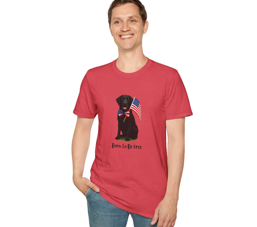 Heather Red  t-shirt featuring a patriotic Black Lab wearing an American flag bowtie and holding U.S. flags, with the Black Lab phrase "Born to Be Free" printed below — perfect for dog lovers and patriotic Americans.