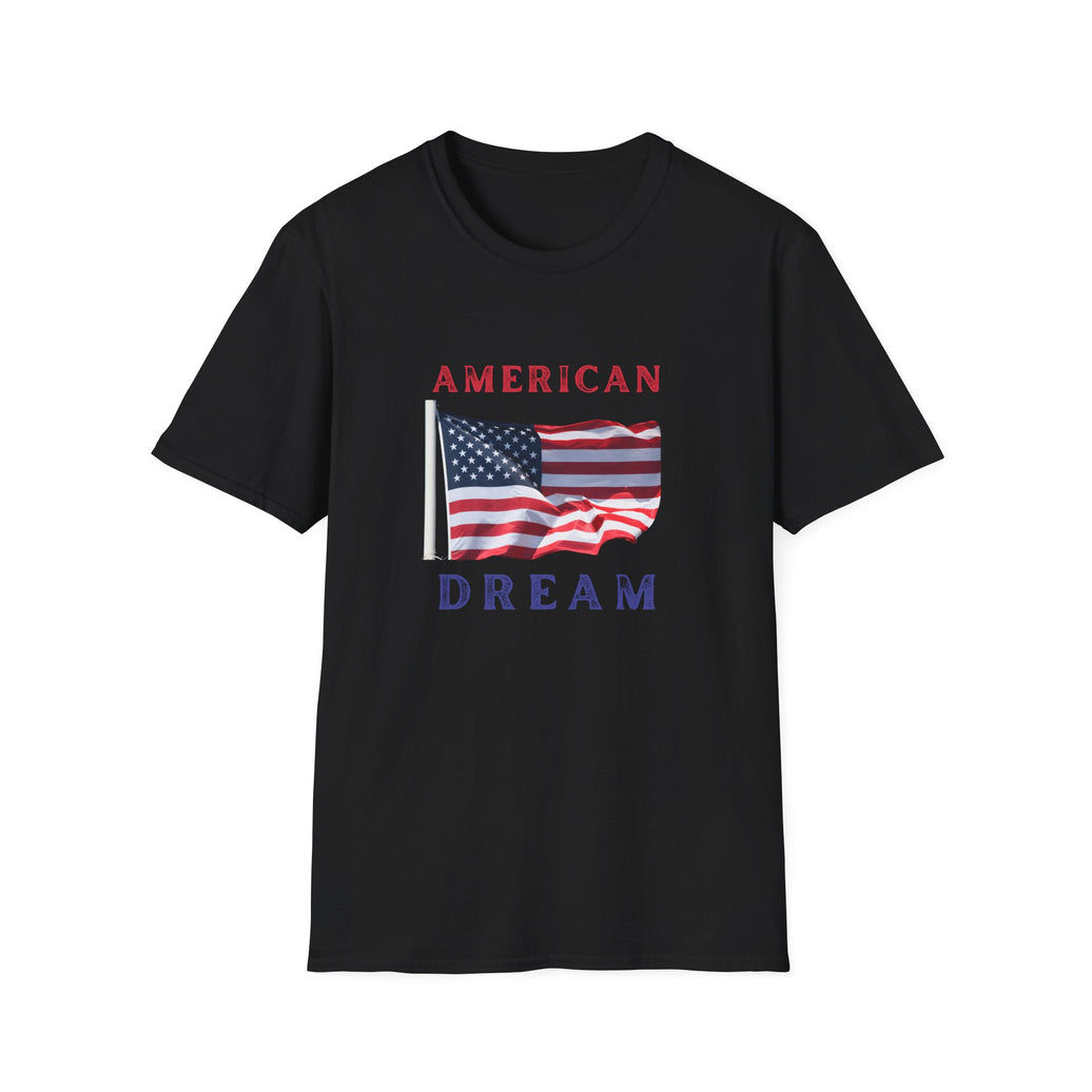 T-shirt featuring an American flag graphic with the words 'AMERICAN DREAM' in red and blue text above and below the flag