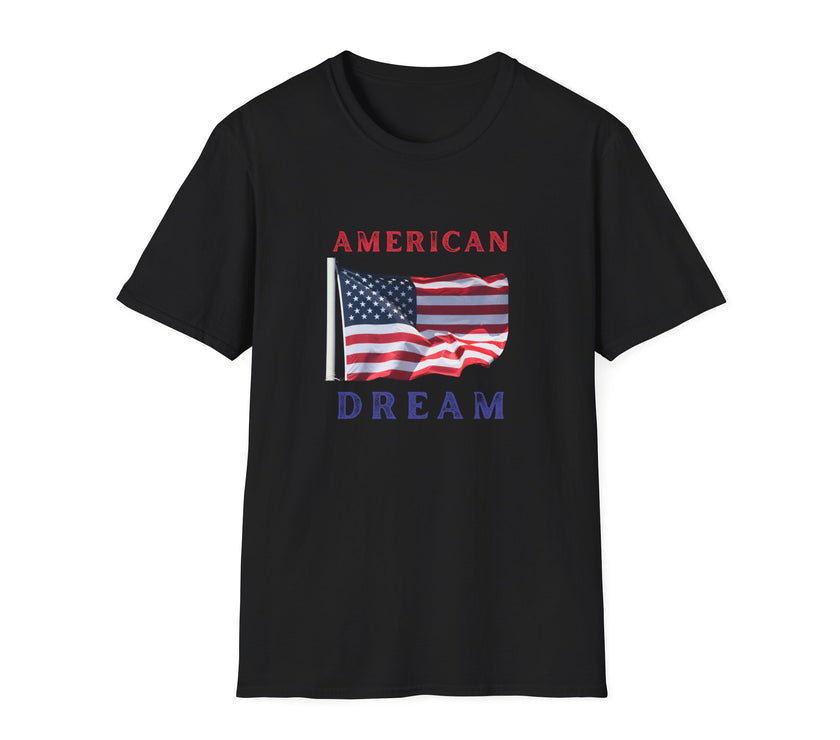 T-shirt featuring an American flag graphic with the words 'AMERICAN DREAM' in red and blue text above and below the flag