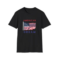 T-shirt featuring an American flag graphic with the words 'AMERICAN DREAM' in red and blue text above and below the flag