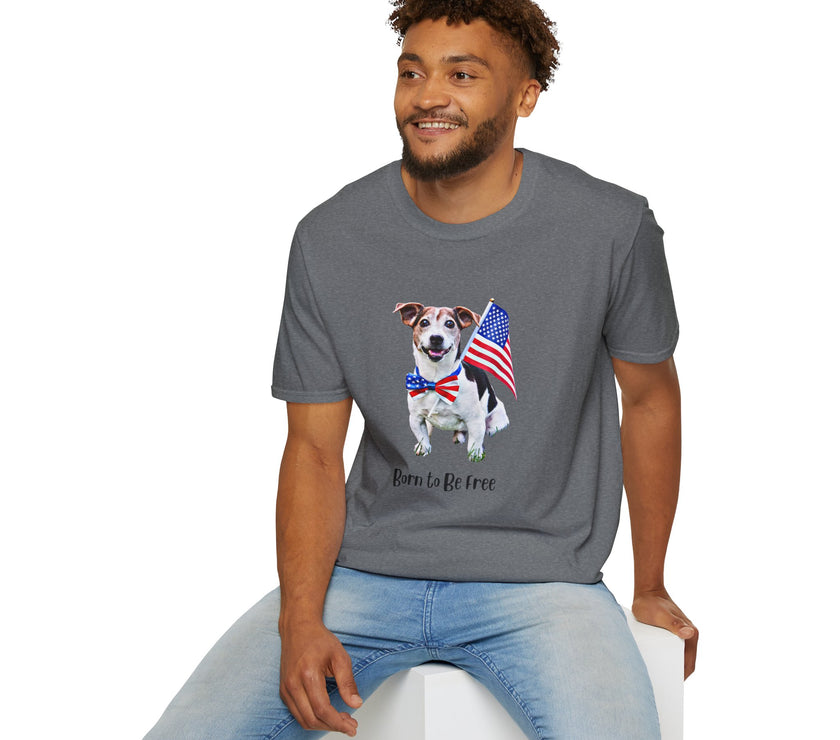 Male wearing T-shirt featuring a cute golden doodle puppy wearing an American flag bow tie and holding a small U.S. flag, with the phrase 'Born to Be Free' printed below the image.
