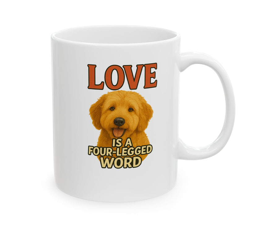 White mug with a dog illustration and text 'LOVE is a four-legged word' on a white background
