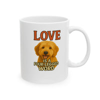 White mug with a dog illustration and text 'LOVE is a four-legged word' on a white background