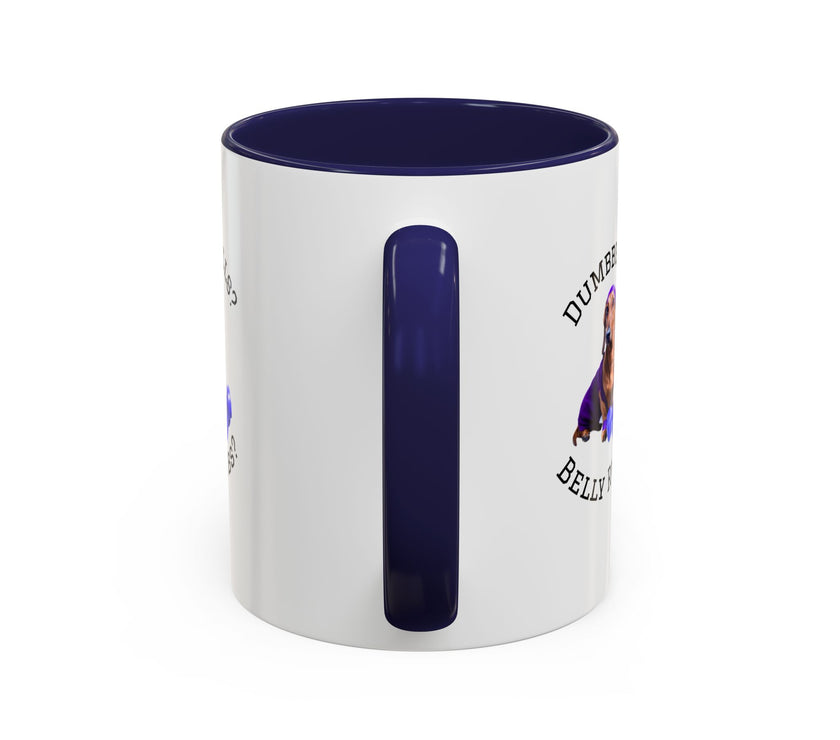 Two tone ceramic mug featuring a dachshund next to dumbbells and the humorous text 'Dumbbells? Belly Rubs?', designed for dog lovers and fitness enthusiasts.