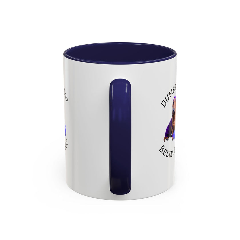 Two tone ceramic mug featuring a dachshund next to dumbbells and the humorous text 'Dumbbells? Belly Rubs?', designed for dog lovers and fitness enthusiasts.
