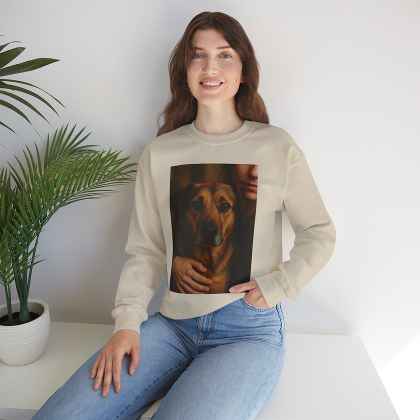 Woman wearing a beige sweatshirt with a dog's face printed on it, sitting in a room with a plant.
