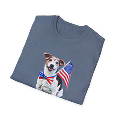 Folded T-shirt featuring a cute  puppy wearing an American flag bow tie and holding a small U.S. flag, with the phrase 'Born to Be Free' printed below the image.