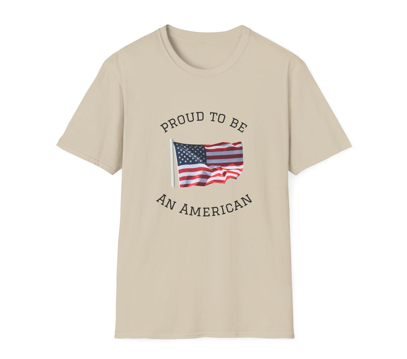 T-shirt with an American flag graphic and the words 'Proud to Be an American' printed around the flag