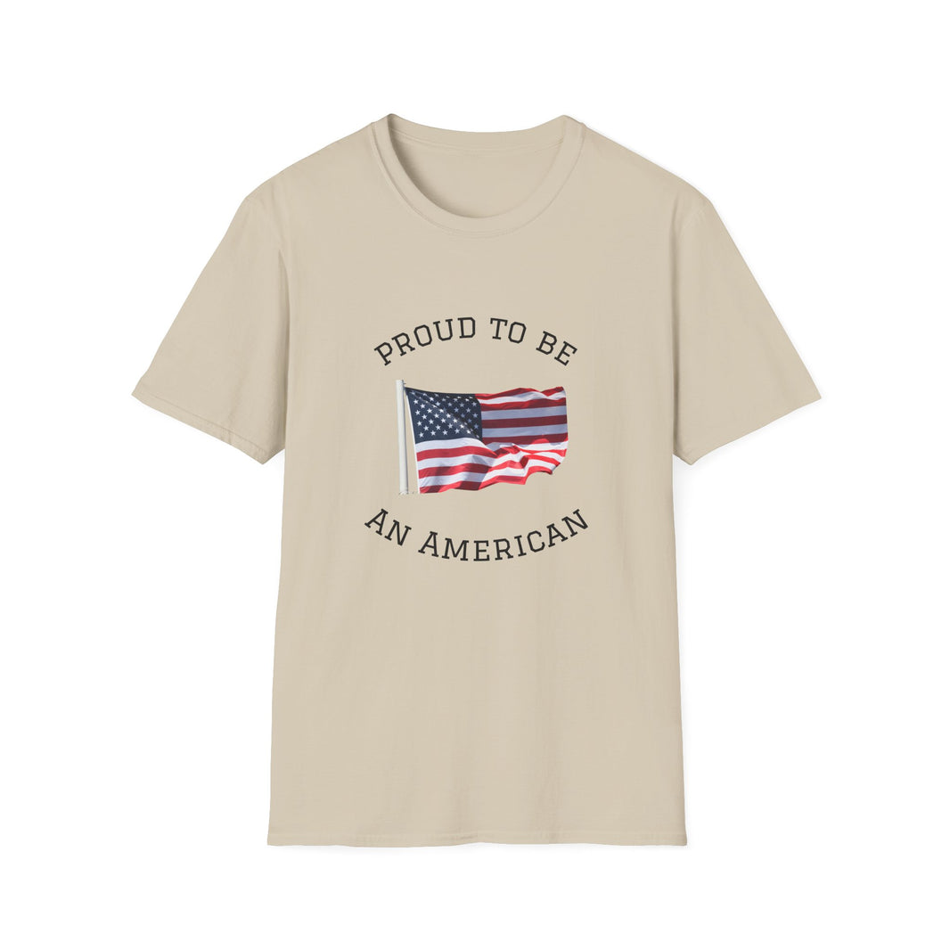 T-shirt with an American flag graphic and the words 'Proud to Be an American' printed around the flag