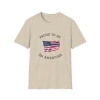 T-shirt with an American flag graphic and the words 'Proud to Be an American' printed around the flag