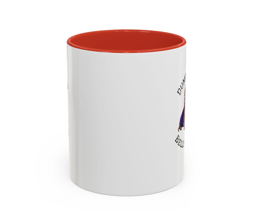 Two tone ceramic mug featuring a dachshund next to dumbbells and the humorous text 'Dumbbells? Belly Rubs?', designed for dog lovers and fitness enthusiasts.