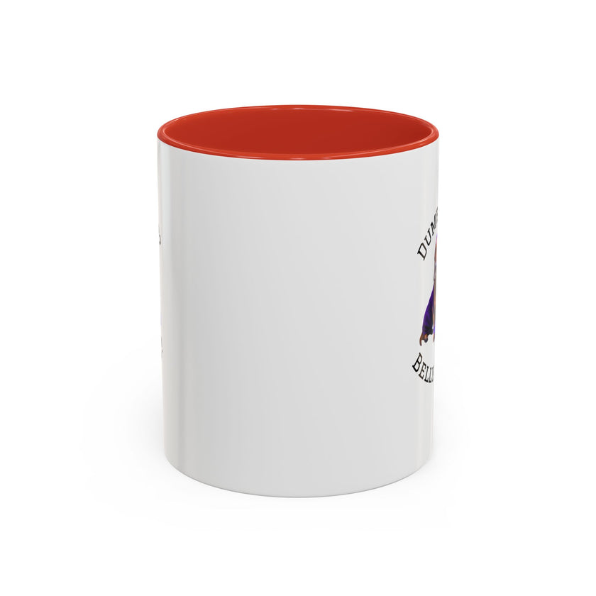 Two tone ceramic mug featuring a dachshund next to dumbbells and the humorous text 'Dumbbells? Belly Rubs?', designed for dog lovers and fitness enthusiasts.