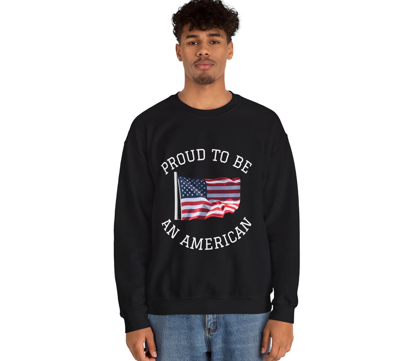 Person wearing a black sweatshirt with 'Proud to be an American' text and an American flag design on a white background.