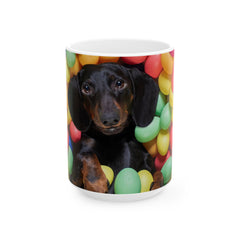 Springtime Paws: Dachshund Puppy in Easter Egg Meadow Ceramic Mug