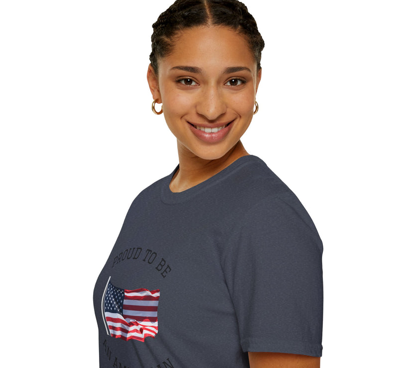 Smiling woman  wearing a white t-shirt with an American flag graphic and the words 'Proud to Be an American' printed around the flag