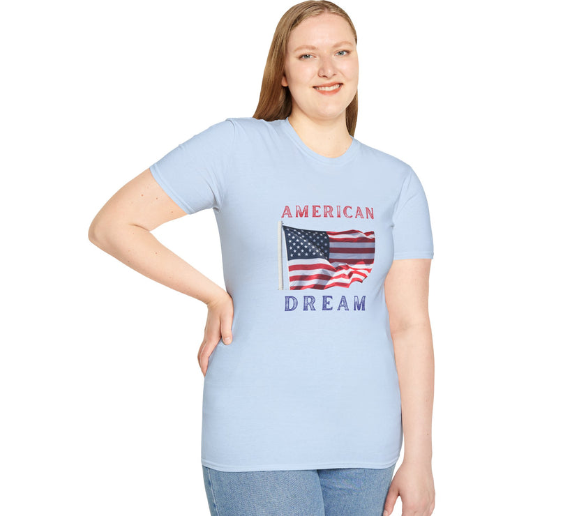 Female wearing T-shirt featuring an American flag graphic with the words 'AMERICAN DREAM' in red and blue text above and below the flag