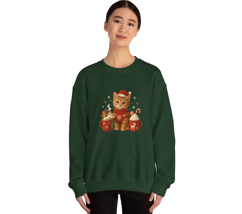 Person wearing a green sweatshirt with a Christmas-themed cat design on a white background