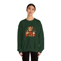 Person wearing a green sweatshirt with a Christmas-themed cat design on a white background