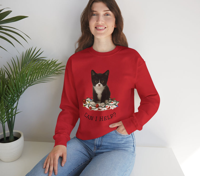 Person wearing a red sweatshirt with a cat graphic and text, sitting on a white surface with a plant in the background.