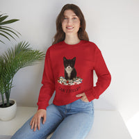 Person wearing a red sweatshirt with a cat graphic and text, sitting on a white surface with a plant in the background.