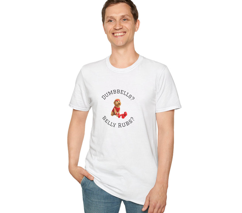 Person wearing a white t-shirt with a graphic and text, standing against a white background