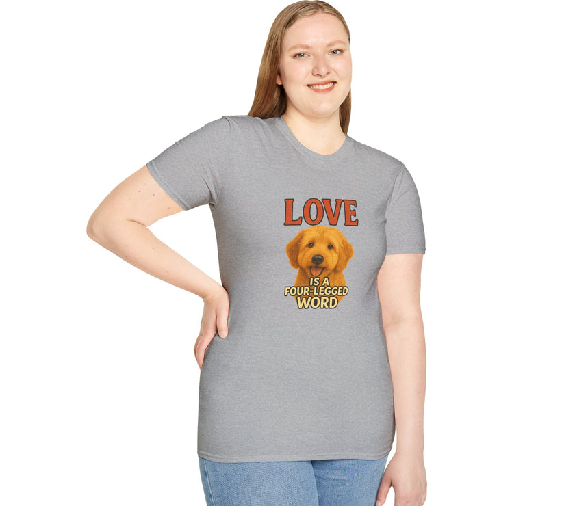 Person wearing a gray t-shirt with a dog graphic and text on a white background
