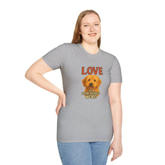 Person wearing a gray t-shirt with a dog graphic and text on a white background