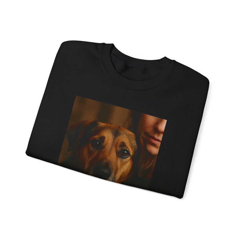 Black t-shirt with a printed design of a woman and a dog on a white background
