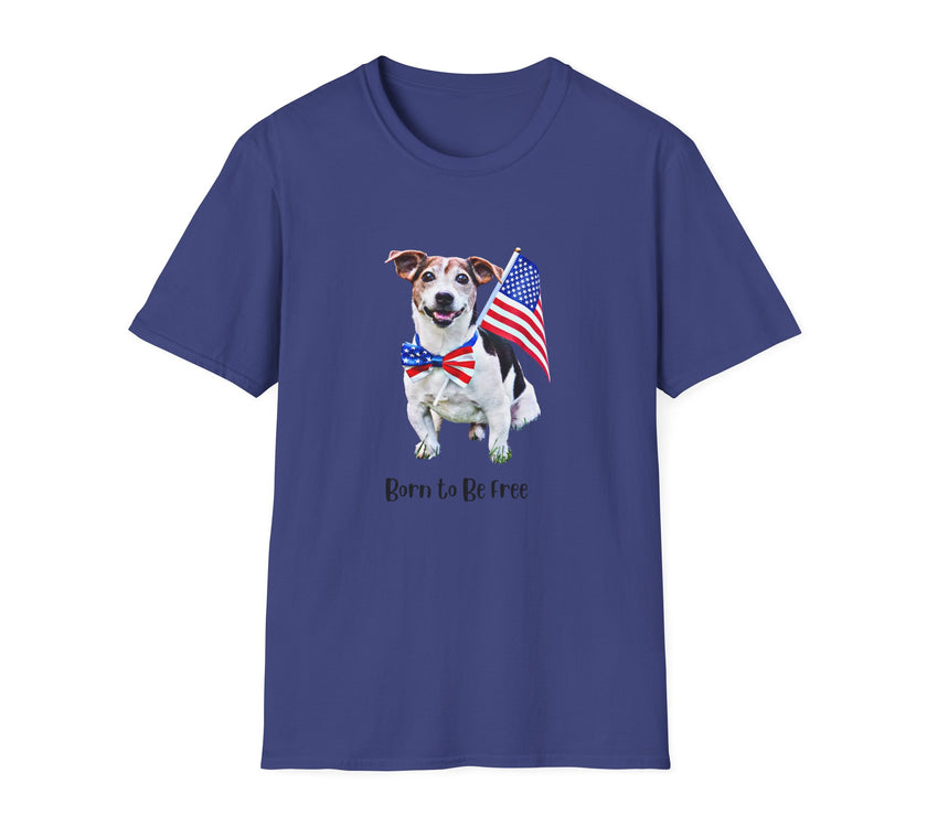 T-shirt featuring a cute  puppy wearing an American flag bow tie and holding a small U.S. flag, with the phrase 'Born to Be Free' printed below the image.