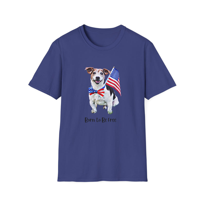T-shirt featuring a cute  puppy wearing an American flag bow tie and holding a small U.S. flag, with the phrase 'Born to Be Free' printed below the image.