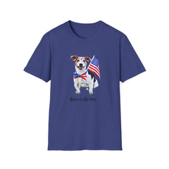 T-shirt featuring a cute  puppy wearing an American flag bow tie and holding a small U.S. flag, with the phrase 'Born to Be Free' printed below the image.