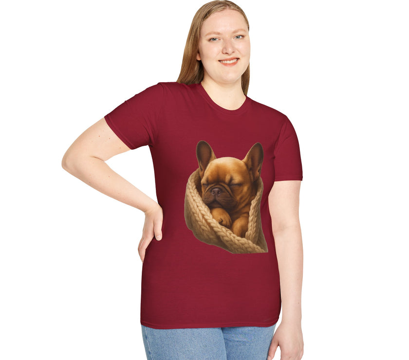 Person wearing a maroon t-shirt with a dog graphic on a white background