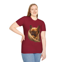 Person wearing a maroon t-shirt with a dog graphic on a white background