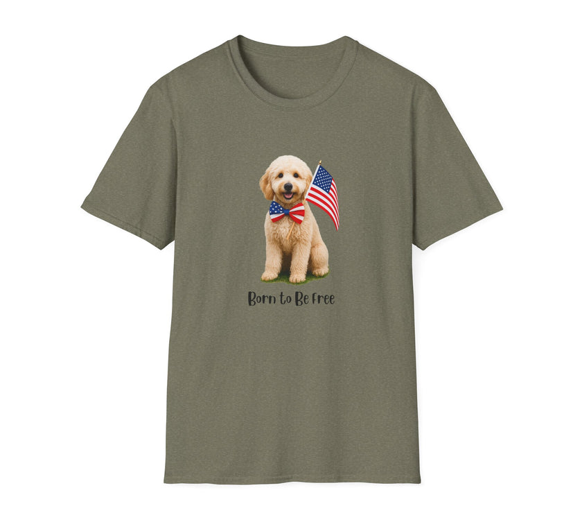 T-shirt featuring a cute golden doodle puppy wearing an American flag bow tie and holding a small U.S. flag, with the phrase 'Born to Be Free' printed below the image.