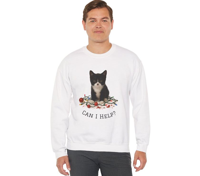 Person wearing a white sweatshirt with a cat graphic and text on a white background